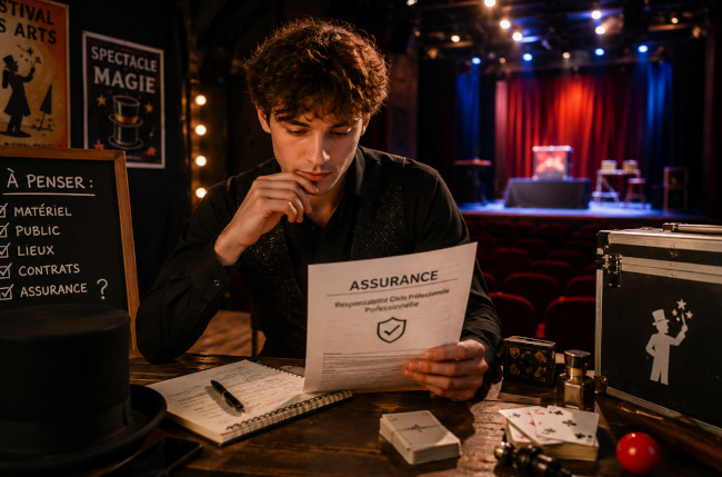 Jeune artiste magicien préparant son spectacle en vérifiant son contrat d'assurance dans les coulisses d'un théâtre avant une représentation.