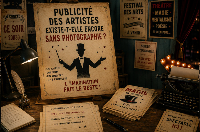 Affiche publicitaire vintage illustrant la promotion d'un artiste de spectacle sans photographie, avec une silhouette de magicien, des affiches anciennes et un bureau d'époque